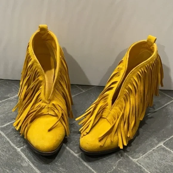 Wild G Golden Yellow Fringe Slip On Bootie Ankle Boot - Picture 11 of 11